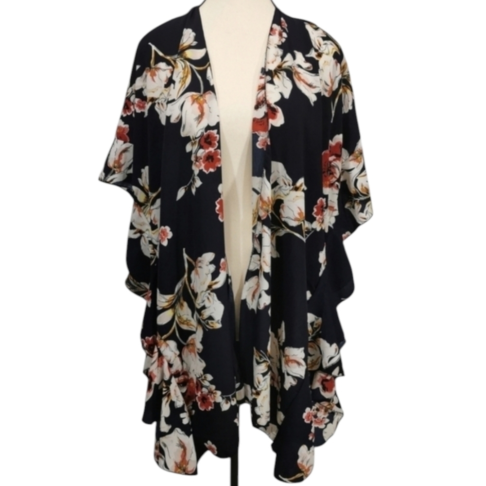 Breezy Navy Floral Open Front Ruffled Kimono Cover Up O/S